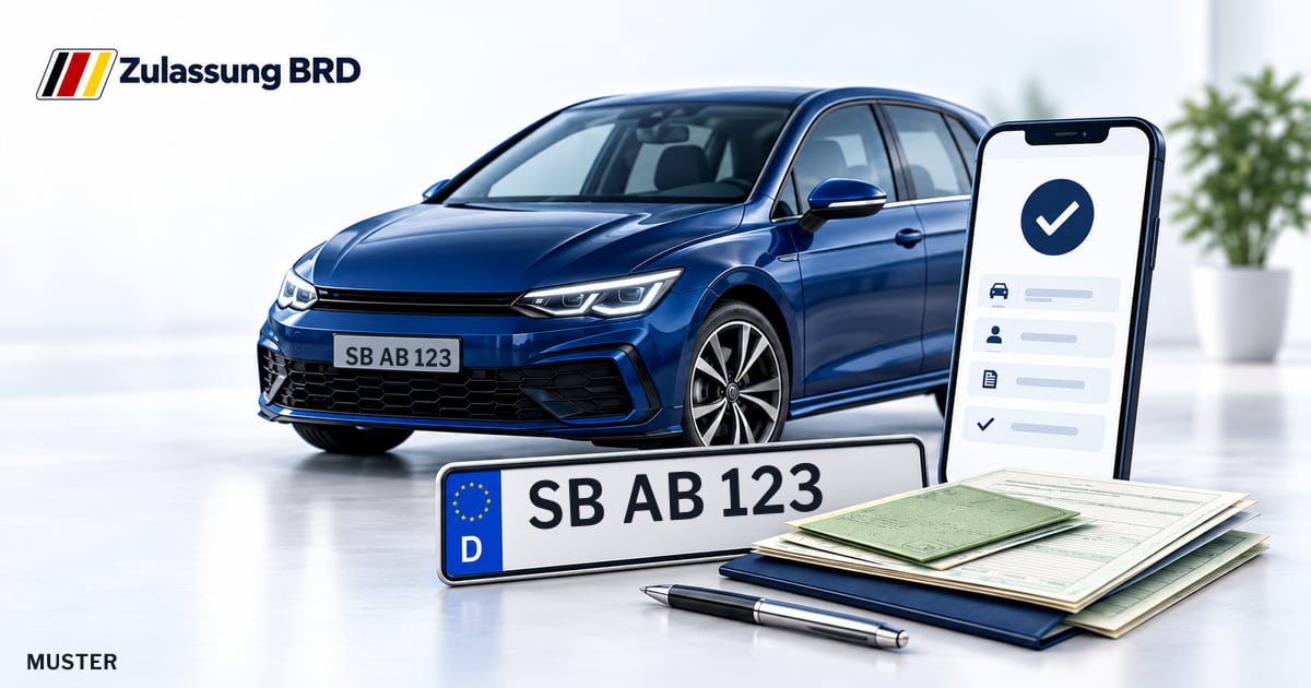 Online Fahrzeugzulassung in Püttlingen: Musterkennzeichen SB AB 123, Auto und Fahrzeugpapiere und Smartphone. Illustration mit Logo von Zulassung BRD.